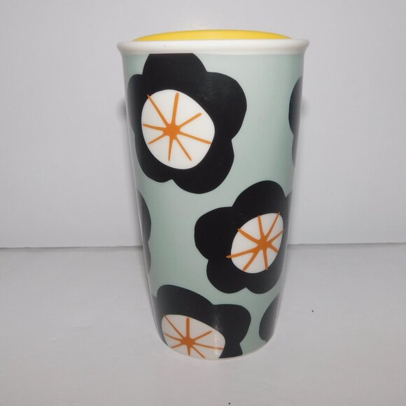 Starbucks Spring Green Black White Floral Ceramic Travel Tumbler Yellow lid - Picture 3 of 6